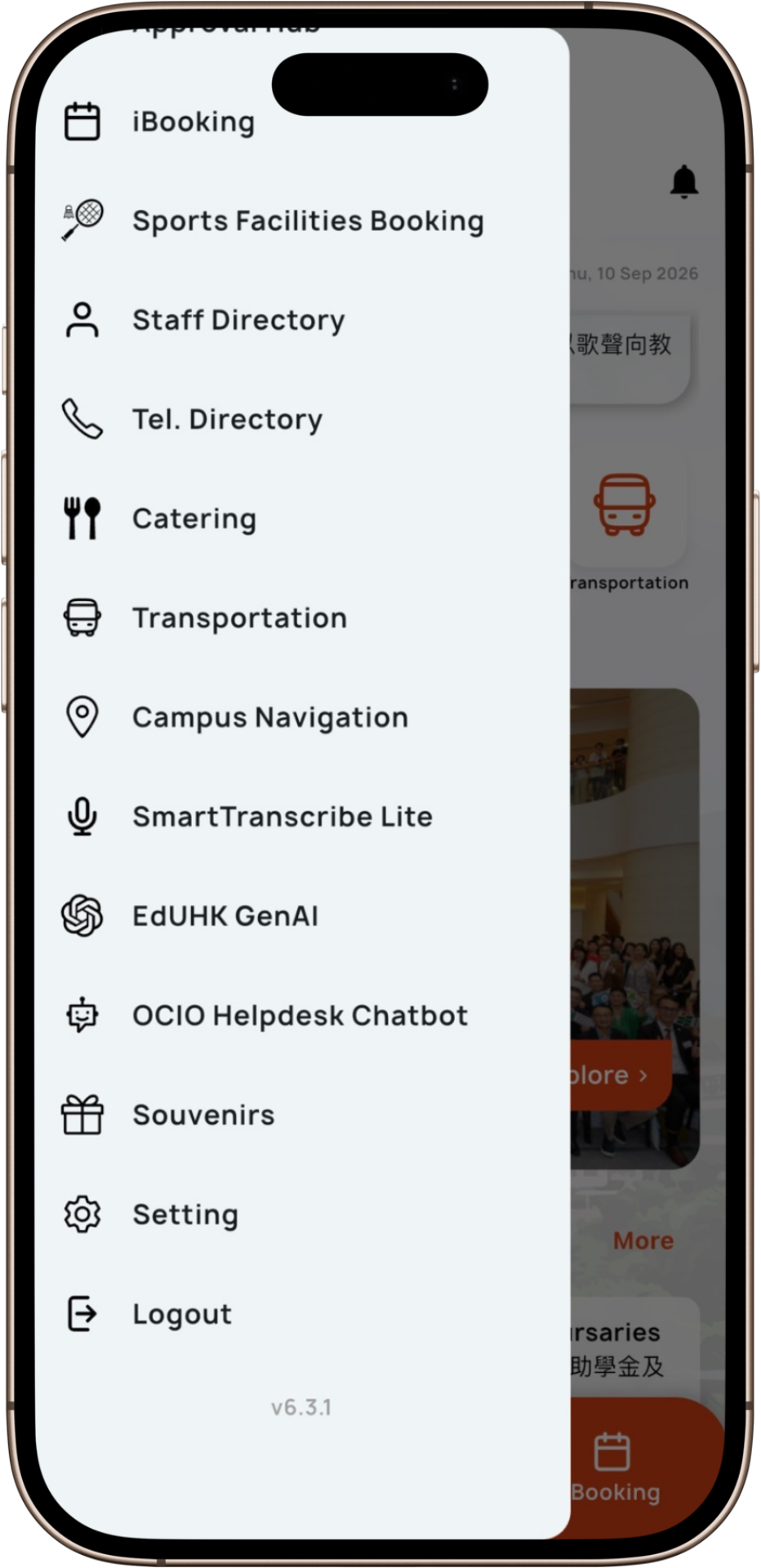 Mobile app Staff menu
